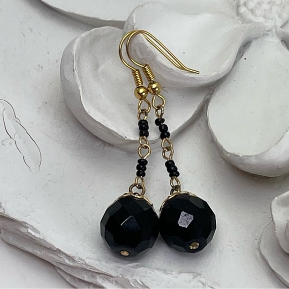 Faceted Black Glass Drop Earrings - Picture 2 of 6